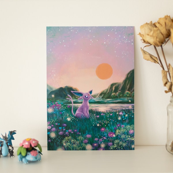 A4 // "Espeon at sunset" // illustration, poster, art print, painting, drawing