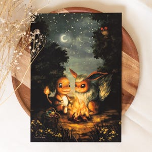 A4 // "Glumanda & Flamara am Lagerfeuer"(Charmander and Flareon) Illustration // Poster, Kunstdruck, Malerei
