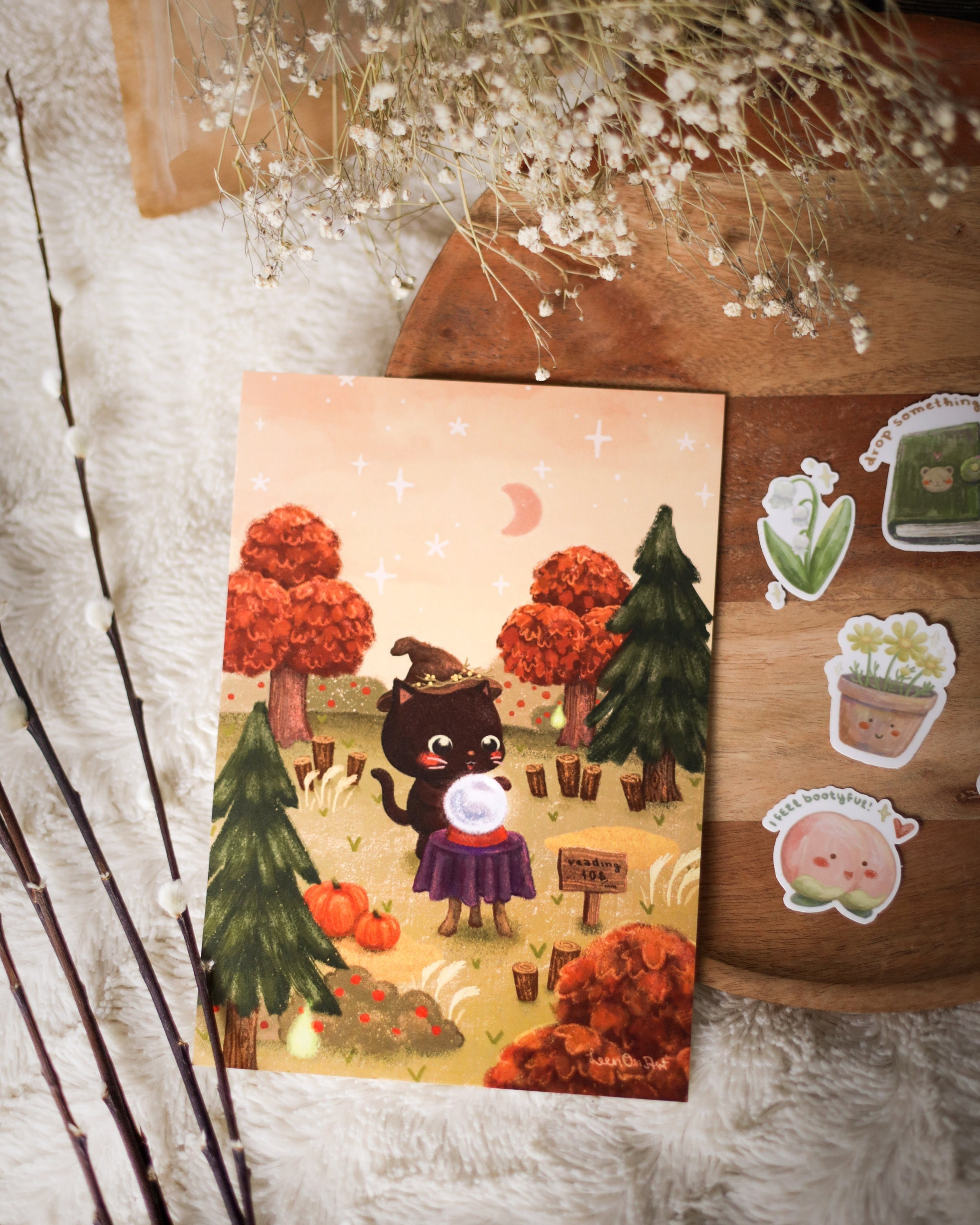 A5 // Witchy Fortuneteller Cat In Fall Season | fall art, autumn decor // digital painting, art print, poster