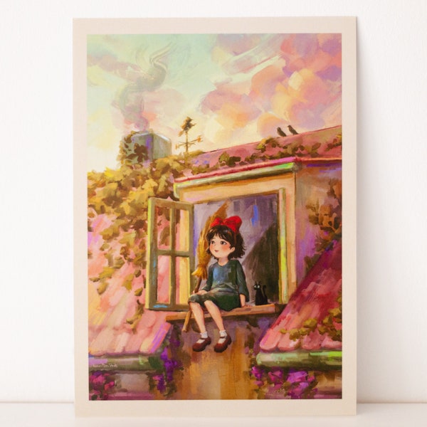 A5 // Kiki & Jiji - Dachfenster Sonnenuntergang Szenerie | | Illustration, Kunstdruck, Poster