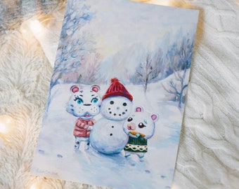 A5 // Villageois animaux - Bianca & Flurry, illustration de bonhomme de neige // peinture, affiche, impression d'art, impression numérique