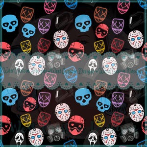 May include: A repeating pattern of various masks and skulls in shades of blue, pink, red, yellow, and white on a black background. The design includes hockey masks, gas masks, and skull faces with the text "West Custom Designs" and "Ashley".