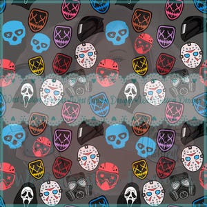 May include: A repeating pattern of various masks and skulls in a variety of colors, including blue, red, pink, and yellow. The design features a skull, a hockey mask, a gas mask, and a Scream mask. The background is a dark gray.