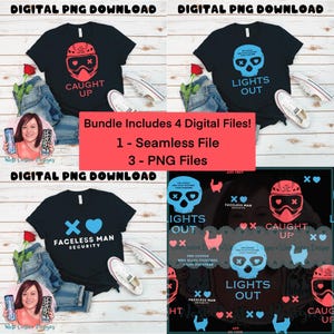 Peut inclure: Un ensemble de quatre fichiers numériques présentant des t-shirts noirs avec des motifs graphiques. Un t-shirt arbore un design de casque rouge et les mots "CAUGHT UP". Un autre présente un crâne bleu et les mots "LIGHTS OUT". Le troisième t-shirt porte les mots "FACELESS MAN SECURITY".