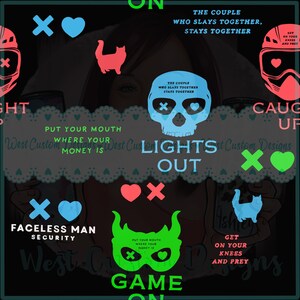 Puede incluir: Un fondo oscuro con varios gr&aacute;ficos y texto. El texto incluye frases como "Lights Out", "Game On" y "The Couple Who Slays Together, Stays Together". Tambi&eacute;n hay formas de gato y coraz&oacute;n.