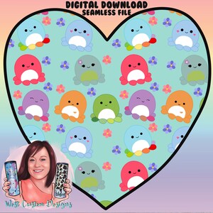 SEAMLESS DIGITAL DOWNLOAD Squishmallow Octo v2 w/ Jonny (2 Backgrounds!) Repeatable Seamless Design Download for fabric, tumblers, clothing