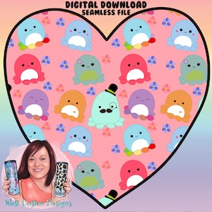 SEAMLESS DIGITAL DOWNLOAD Squishmallow Octo (2 Backgrounds!) Repeatable Seamless Design Download for fabric, tumblers, clothing, etc