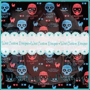 May include: A digitally designed pattern featuring skulls, helmets, hearts, and cats in shades of blue, red, and teal on a black background. The text includes "LIGHTS OUT" and "CAUGHT UP". The design also features the text "West Custom Designs".