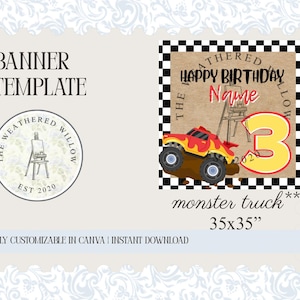 May include: A banner template with a birthday theme. The design features a monster truck, the number 3, and the text "Happy Birthday". The banner is 35x35 inches and fully customizable in Canva.