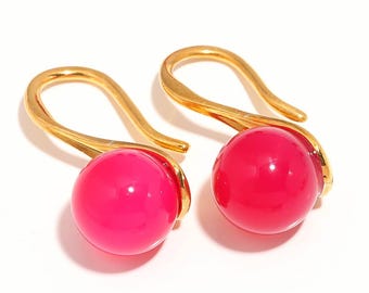 14K Gold Hot Pink Chalcedony Ball Dangle Earrings, Handmade Jewelry