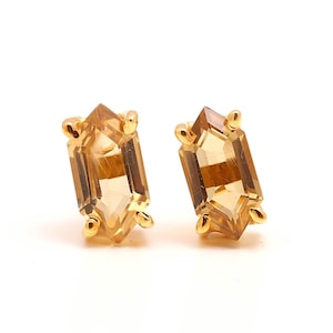 14K Gold Citrine Hexagon Stud Earrings, Wedding Jewelry, Handmade Studs