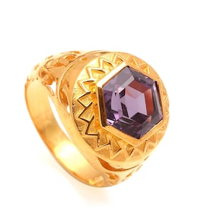 Alexandrite Hexagon Men&#39;s Ring: 14K Gold Handmade Engagement Jewelry