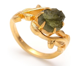 14K Gold Moldavite Ring: Rough Hexagon Leaf Design, Handmade Gemstone Jewelry