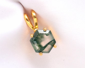 Green Moss Agate Hexagon Pendant : 14k Gold Vintage Gemstone jewelry