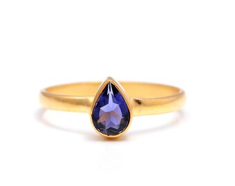 Natural Blue Iolite Pear Shape Ring, 14k Gold Statement Jewelry, Designer Wedding Ring