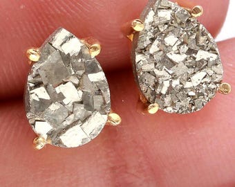 Natural Pyrite Pear Stud Earrings, 14k Gold Gemstone Dainty Jewelry