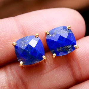 Pendientes de lapislázuli natural con forma de cojín, joyería artesanal de oro de 14 quilates, minimalistas, elegantes, llamativos, regalo de cumpleaños.