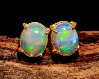 Natural Ethiopian Opal Oval Stud Earrings, 14K Gold Handmade Jewelry, Fire Opal Studs