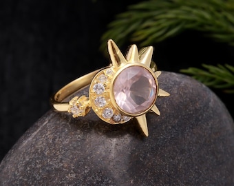 14k Gold Rose Quartz Round Ring, Vintage Jewelry, Sun & Moon Design Ring
