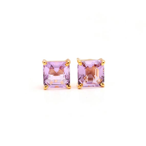 Handmade 14K Gold Pink Amethyst Octagon Stud Earrings, Bohemian