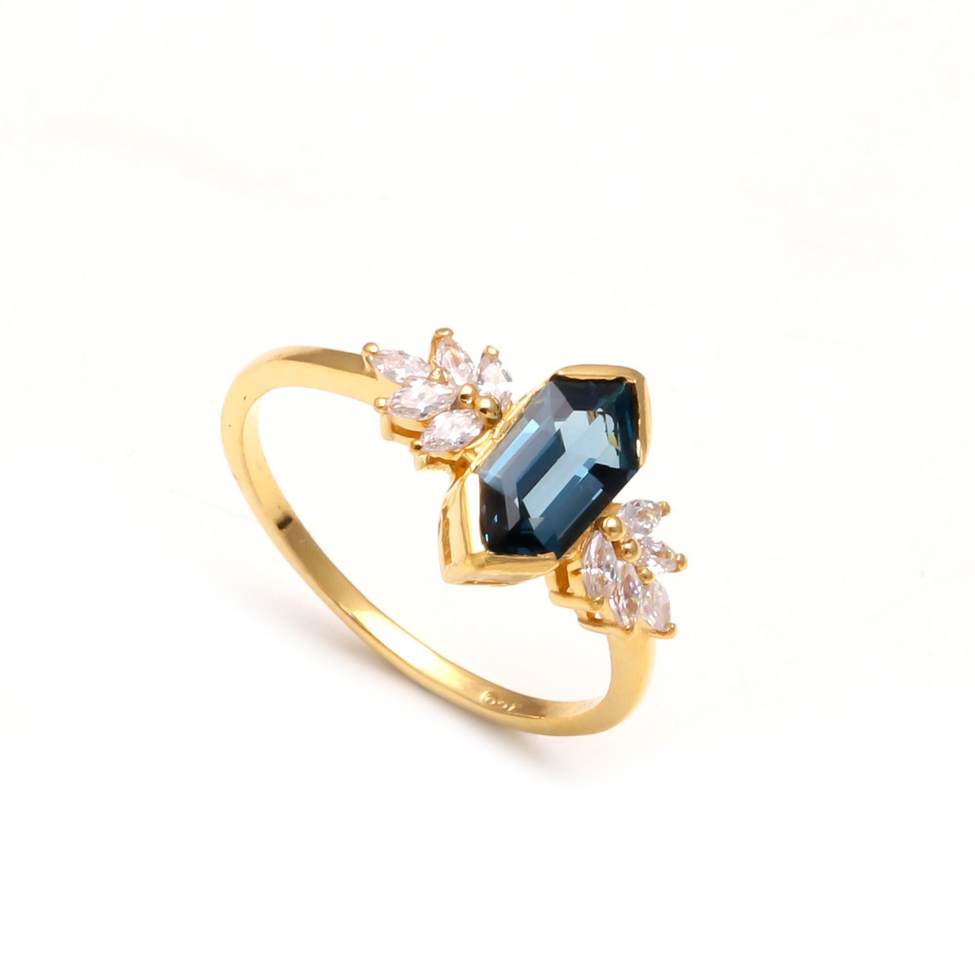 sayu Handmade 14K Gold London Blue Topaz Hexagon Ring, Unique Jewelry