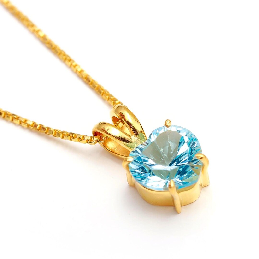 Natural Sky Blue Topaz Heart Necklace, 14K Real Gold Necklace, Blue ...