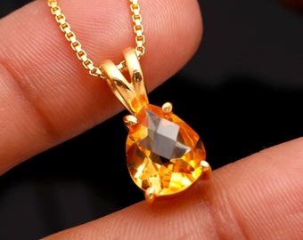 Natural Citrine Pear Shape Pendant, 14K Gold Handmade Jewelry, Chain Necklace