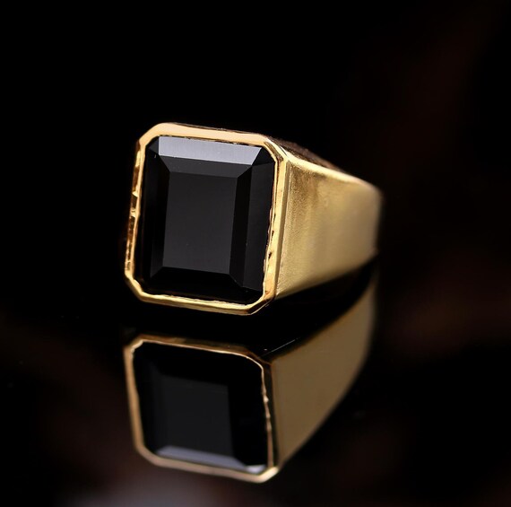 14K Gold Black Onyx Octagon Men's Ring, Handmade Statement Jewelry