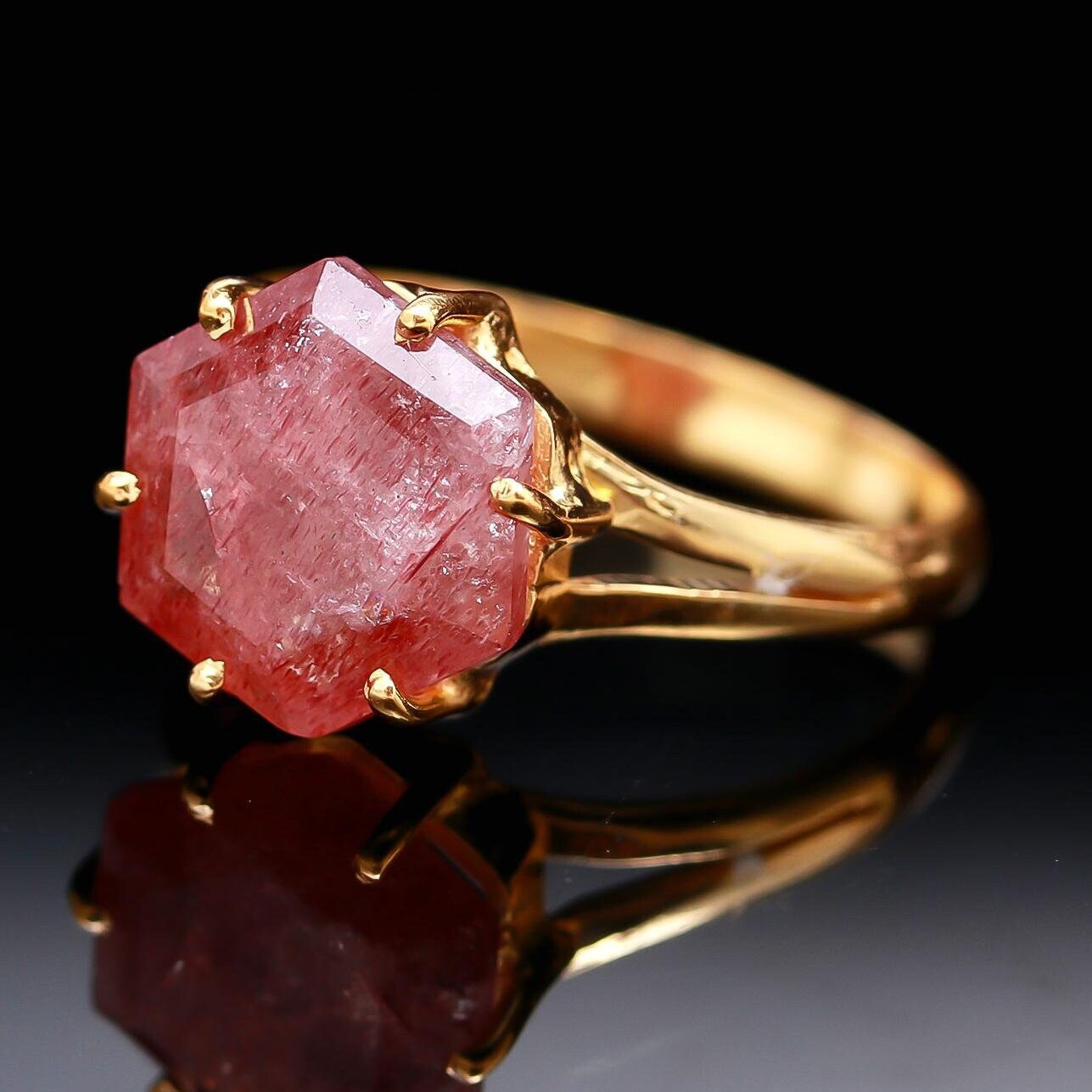 14K Gold Strawberry Quartz Hexagon Ring: Handmade Engagement Jewelry