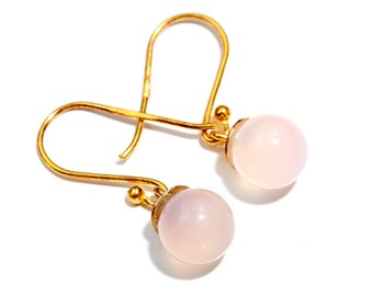 14k Gold Pink Chalcedony Ball Dangle Earrings, Elegant Jewelry, Boho Earrings