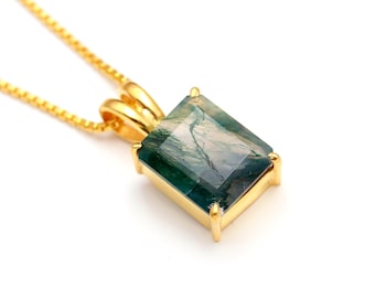 Collier pendentif octogonal en agate mousse et or 14 carats, bijou minimaliste fait main