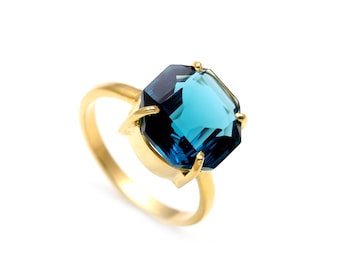 Handmade 14k Gold London Blue Topaz Octagon Ring, Dainty Boho Jewelry