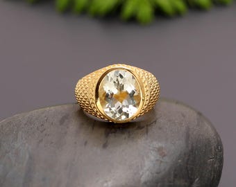 14K Gold Green Amethyst Ring, Handmade Oval Gemstone Jewelry