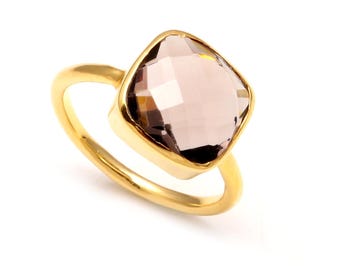 Handmade 14k Gold Smoky Quartz Cushion Ring, Gemstone Jewelry