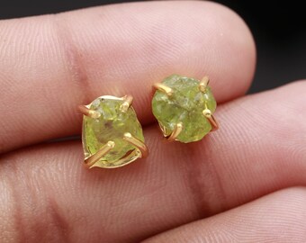 Raw Peridot Stud Earrings, 14k Gold Gemstone Earrings, Natural Crystal Jewelry