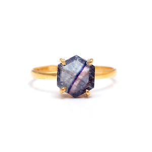 Zeshoekige ring paars fluoriet, 14k gouden vintage sieraden, sierlijke stijl