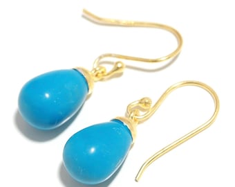 14K Gold Turquoise Teardrop Earrings : Vintage Gemstone Dangles