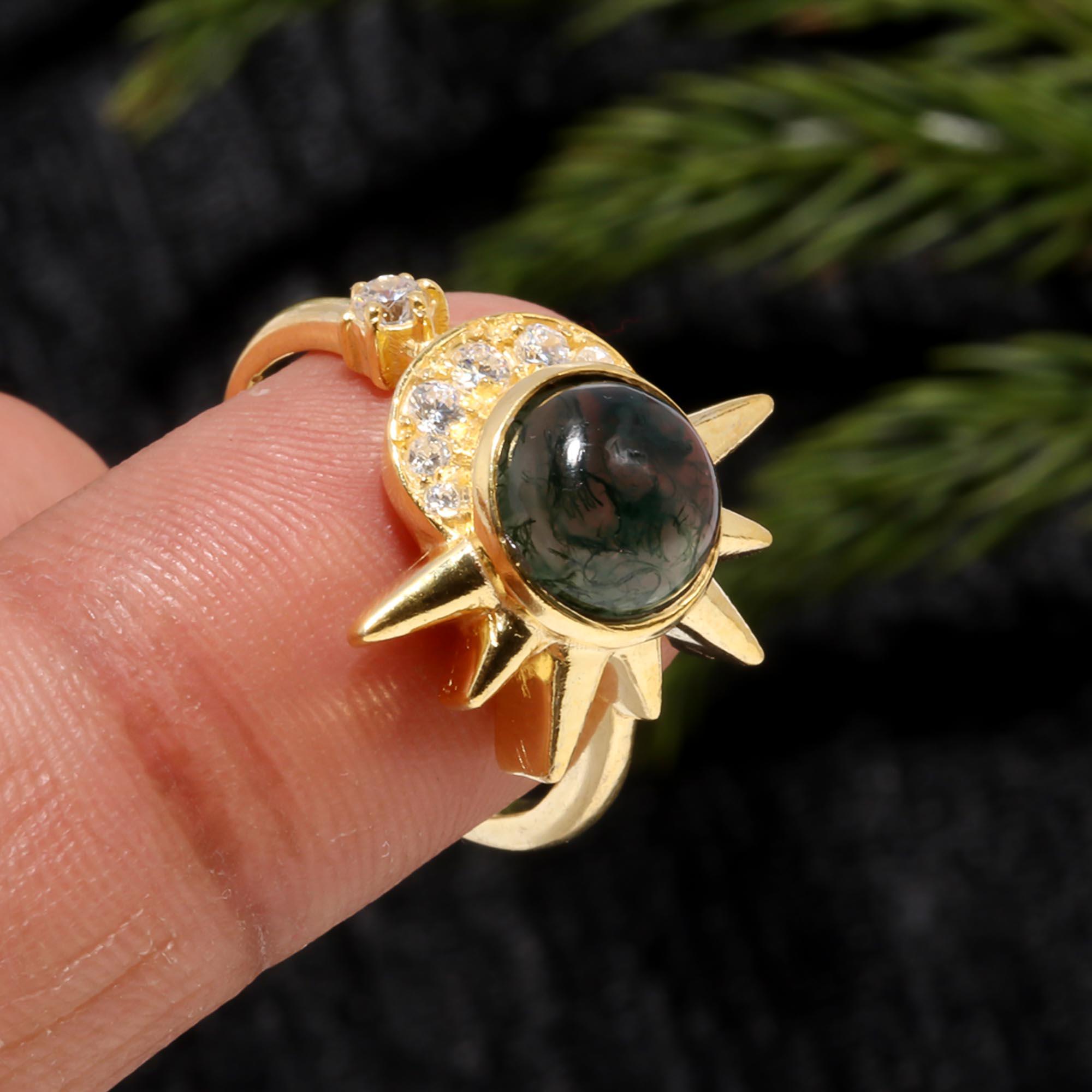 天然モスアゲートラウンドシェイプリング、14Kゴールドジェムストーン