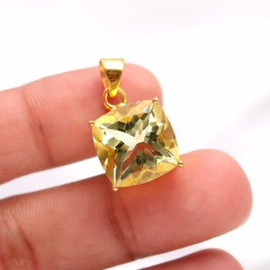Natural Lemon Quartz Cushion Shape Pendant, 14K Gold Minimalist Jewelry, Handmade Pendant, Boho Unique Gift, Healing Crystal, Birthday Gift