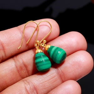 Natural Malachite Teardrop Dangle Earrings, 14K Gold Vintage Jewelry, Handmade Earrings, Designer Earrings, Gemstone Earrings, Birthday Gift