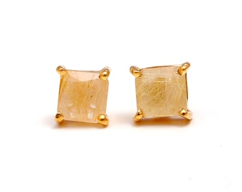 Brincos de quartzo rutilado dourado em ouro 14k, joias feitas à mão