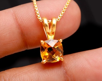 14K Gold Citrine Cushion Pendant Necklace, Handmade Jewelry, Vintage Style