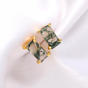 Natural Moss Agate Rectangle Shape Stud Earrings, 14K Gold Lightweight Jewelry, Handmade Studs, Elegant Studs, Designer Studs, Birthday Gift