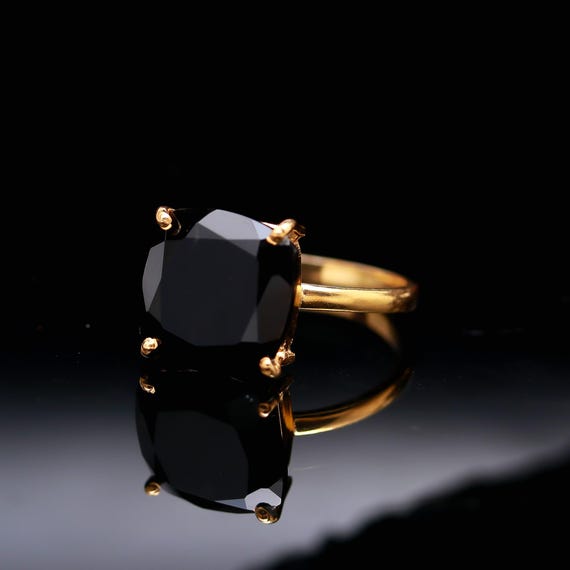 14Kゴールド ブラックオニキス クッションリング:ハンドメイド 14Kゴールド ブラックオニキス クッションリング:ハンドメイド