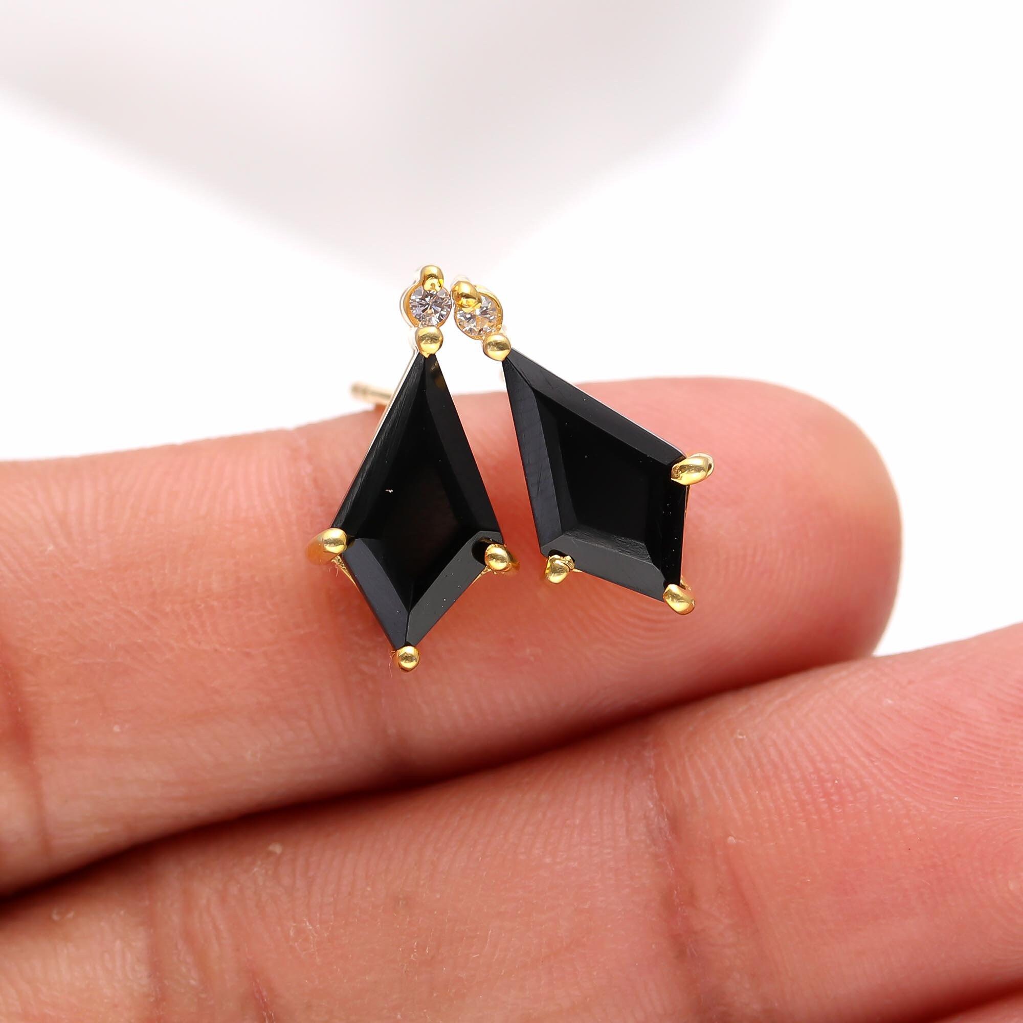 Natural Black Onyx Kite Shape Stud Earrings, 14K Gold Anniversary Jewelry