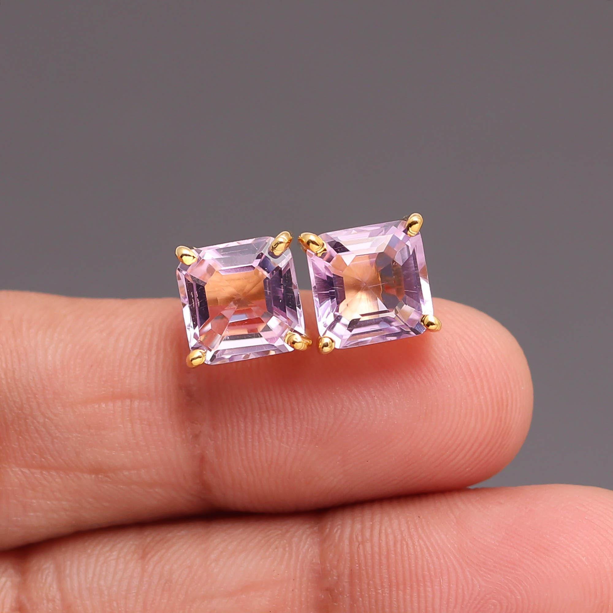 Handmade 14K Gold Pink Amethyst Octagon Stud Earrings, Bohemian