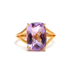 14k Gold Pink Amethyst Ring: Rose de France Cushion Cut