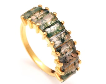 14k Gold Moss Agate Baguette Ring, Vintage Jewelry, Engagement Ring
