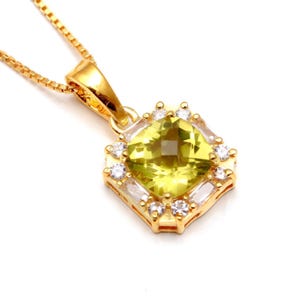 Natural Lemon Quartz Cushion Shape Necklace, 14K Gold Handmade Jewelry, Chain Necklace, Designer Necklace, Elegant Pendant, Anniversary Gift