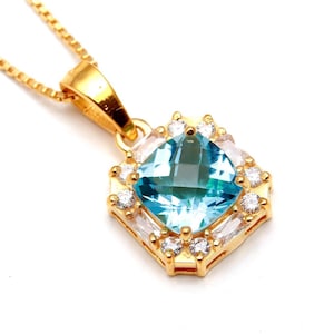 Colgante de topacio azul natural en forma de octágono, joya de oro de 14 quilates, collar de cadena, collar de diseñador, colgante modernista, regalo de aniversario